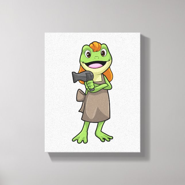 Frosch als Friseur mit Haartrockner Leinwanddruck (Vorderseite)