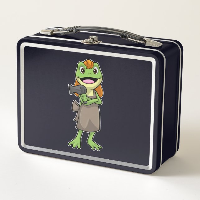 Frosch als Friseur mit Haartrockner Metall Brotdose (Vorderseite)