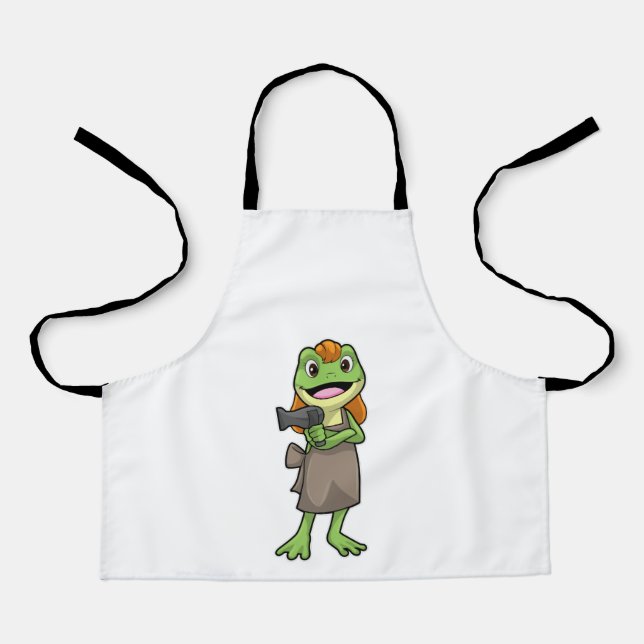 Frosch als Friseur mit Haartrockner Schürze (Vorderseite)