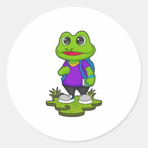 Frosch als Hiker mit Rucksack Runder Aufkleber