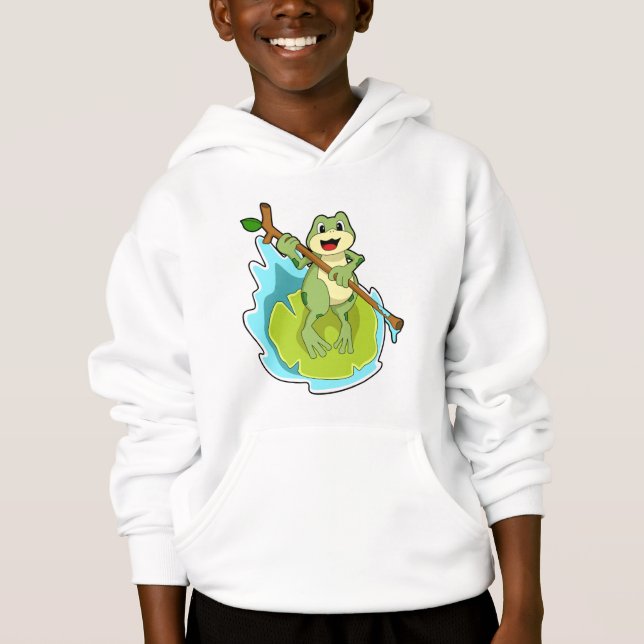 Frosch als Hiker mit Stick Hoodie (Vorderseite)