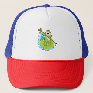 Frosch als Hiker mit Stick Truckerkappe