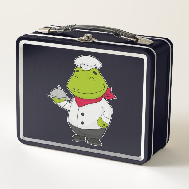 Frosch als Koch mit Platter Metall Brotdose (Vorderseite)