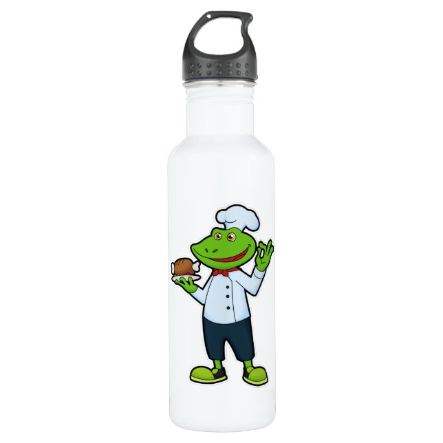 Frosch als Koch mit Servierplatte & Hühnchen Edelstahlflasche (Vorderseite)