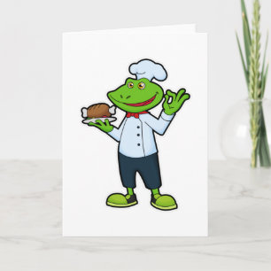 Frosch als Koch mit Servierteller & Huhn Karte