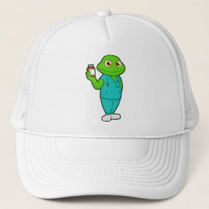 Frosch als Krankenschwester mit Medizin und Stetho Truckerkappe