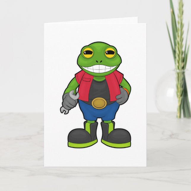 Frosch als Mechaniker mit Schraubenschlüssel Karte (Vorderseite)