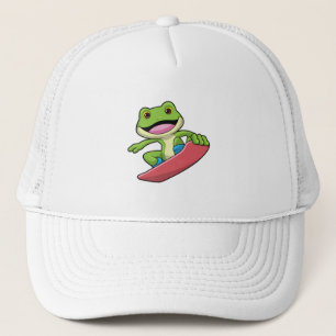 Frosch als Snowboarder mit Snowboard Truckerkappe