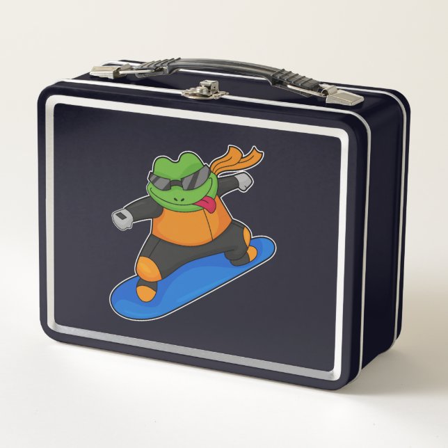 Frosch als Snowobarder mit Snowboard Metall Brotdose (Vorderseite)