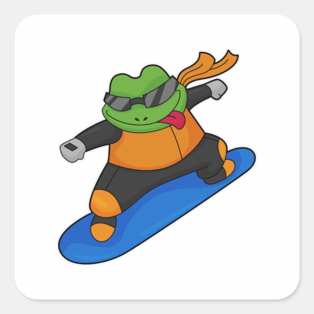 Frosch als Snowobarder mit Snowboard Quadratischer Aufkleber (Vorderseite)