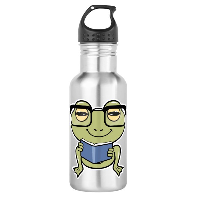 Frosch als Student mit Buch Edelstahlflasche (Vorderseite)