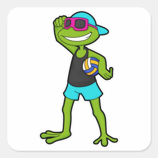 Frosch als Volleyballspieler mit Volleyball Quadratischer Aufkleber (Vorderseite)
