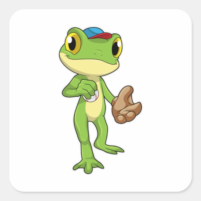 Frosch auf Baseball mit Baseballhandschuh Quadratischer Aufkleber (Vorderseite)