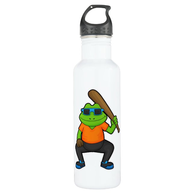 Frosch auf Baseball mit Baseballschläger und Sonne Edelstahlflasche (Vorderseite)