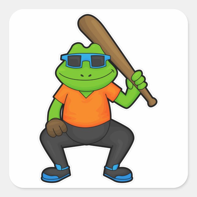 Frosch auf Baseball mit Baseballschläger und Sonne Quadratischer Aufkleber (Vorderseite)