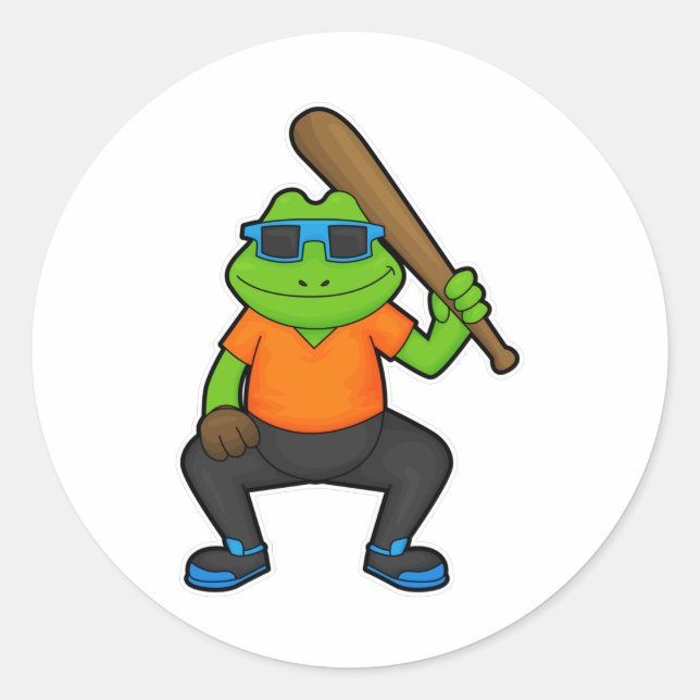 Frosch auf Baseball mit Baseballschläger und Sonne Runder Aufkleber (Vorderseite)