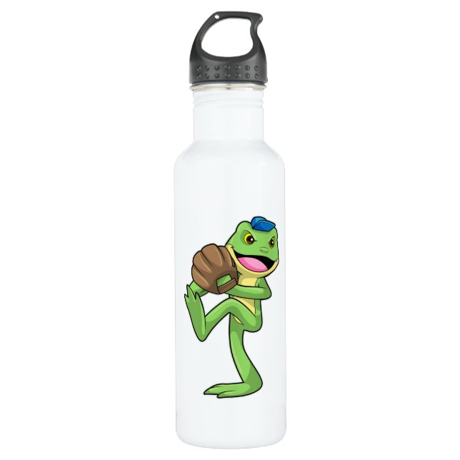 Frosch auf Baseball mit Handschuhen Edelstahlflasche (Vorderseite)