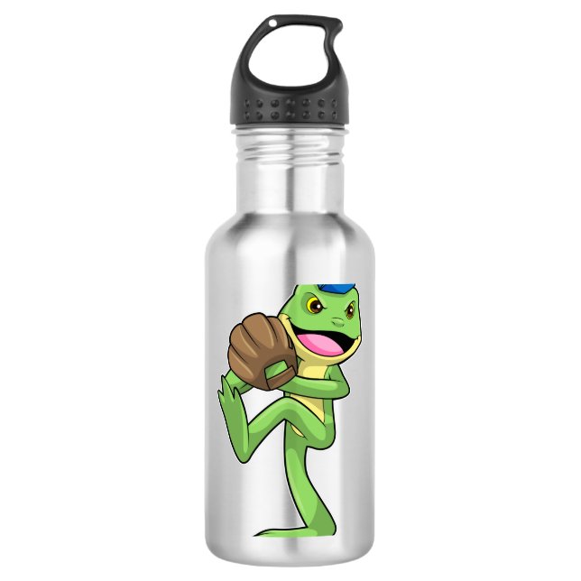Frosch auf Baseball mit Handschuhen Edelstahlflasche (Vorderseite)