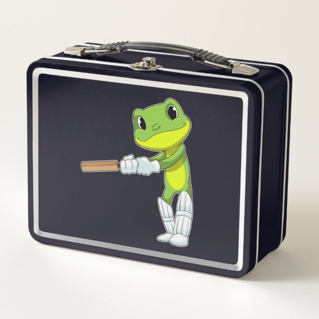 Frosch auf Cricket mit Cricket-Fledermaus Metall Brotdose (Vorderseite)