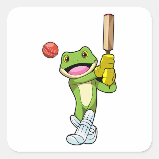 Frosch auf Cricket mit Cricket-Fledermaus Quadratischer Aufkleber (Vorderseite)