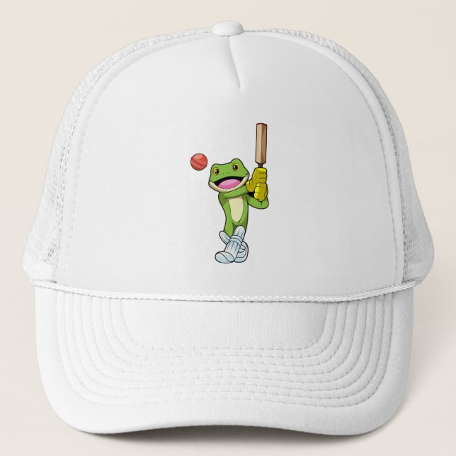 Frosch auf Cricket mit Cricket-Fledermaus Truckerkappe (Vorderseite)