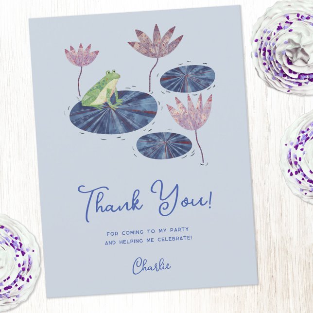 Frosch auf einem Lily Pad Party Vielen Dank Postkarte (Frog themed party thank you postcard with personalized custom text)
