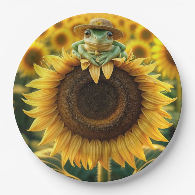 Frosch auf einer gelben Sonnenblume Pappteller (Vorderseite)