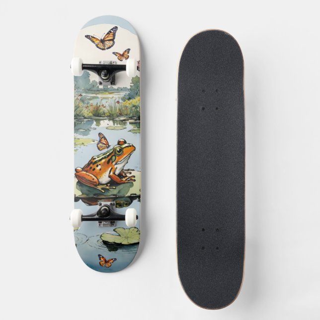 Frosch auf einer Lilienwand mit Schmetterlingen Skateboard (Vorderseite)