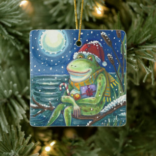 FROSCH AUF HOLZSTAMM ERWÄRMT DAS HERZ, LUSTIG, SÜß KERAMIKORNAMENT