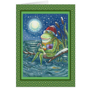 FROSCH AUF HOLZSTAMM FEIERT WEIHNACHTEN GRUßKARTE 