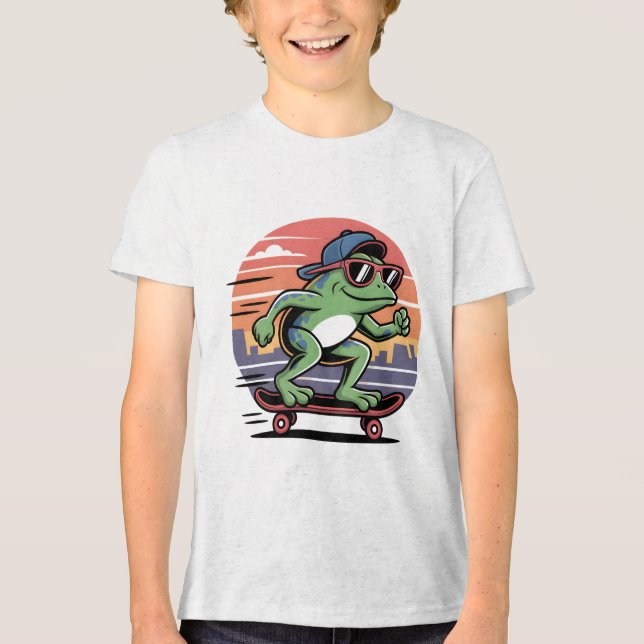 Frosch auf Skateboard Tri-Blend Shirt (Vorderseite)