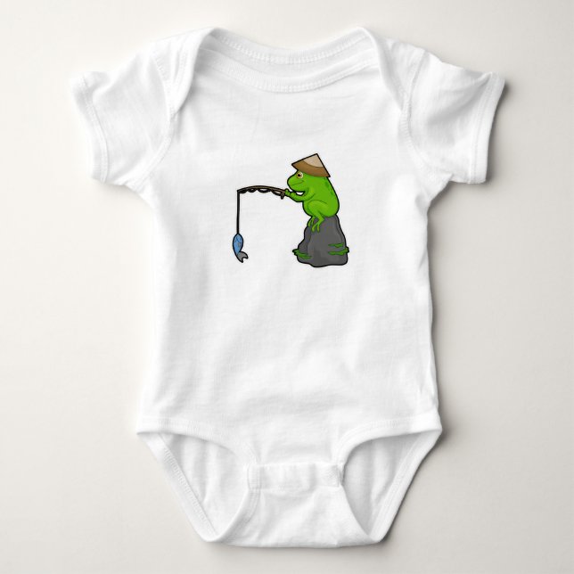 Frosch auf Stein beim Angeln mit Angelrute & Fisch Baby Strampler (Vorderseite)