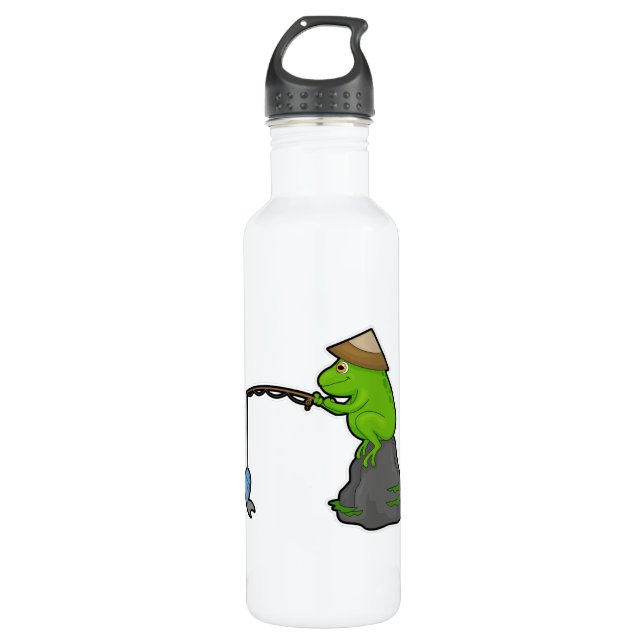 Frosch auf Stein beim Angeln mit Angelrute & Fisch Edelstahlflasche (Vorderseite)