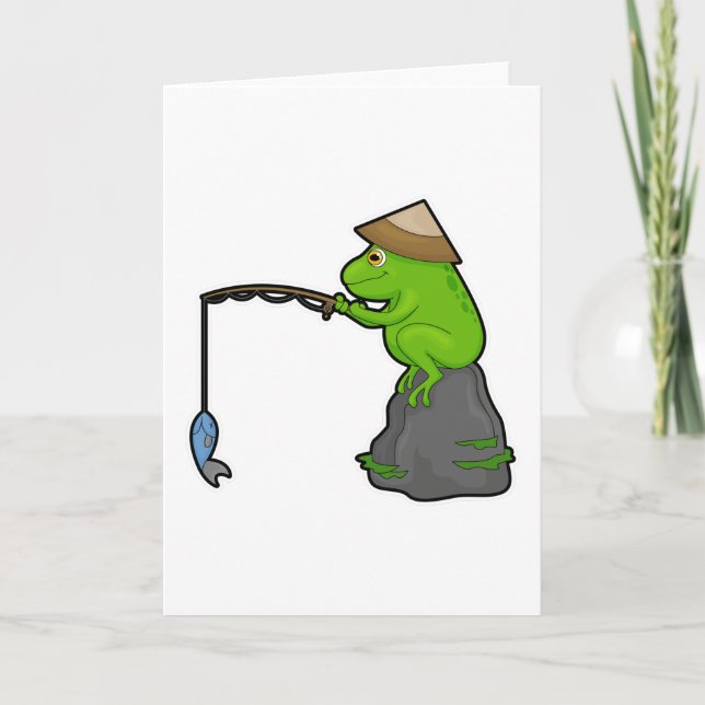 Frosch auf Stein beim Angeln mit Angelrute & Fisch Karte (Vorderseite)