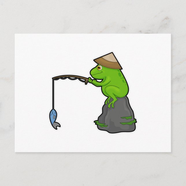 Frosch auf Stein beim Angeln mit Angelrute & Fisch Postkarte (Vorderseite)