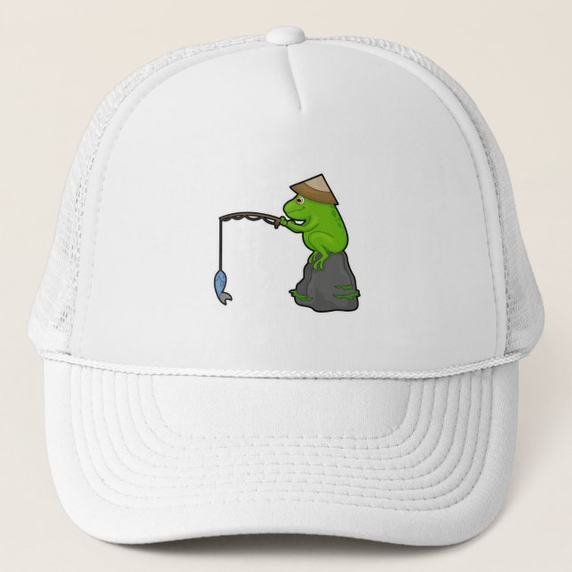 Frosch auf Stein beim Angeln mit Angelrute & Fisch Truckerkappe (Vorderseite)