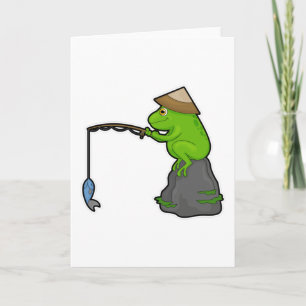 Frosch auf Stein beim Angeln mit Angelrute und Fis Karte