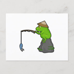 Frosch auf Stein beim Angeln mit Angelrute und Fis Postkarte