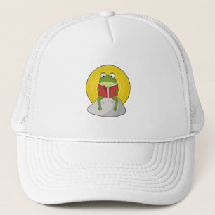 Frosch auf Stein mit Buch Truckerkappe
