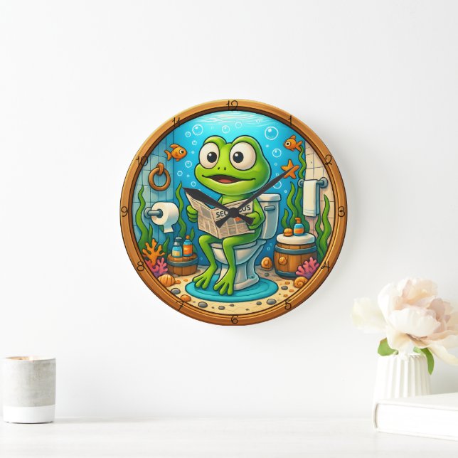 Frosch auf Toilette Funny Wood Looking Rahmen Große Wanduhr (Zuhause)