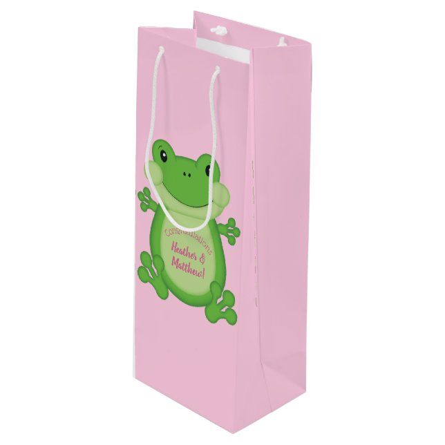 Frosch Baby Dusche Pink Geschenktüte Für Weinflaschen (Vorderseite Schrägansicht)