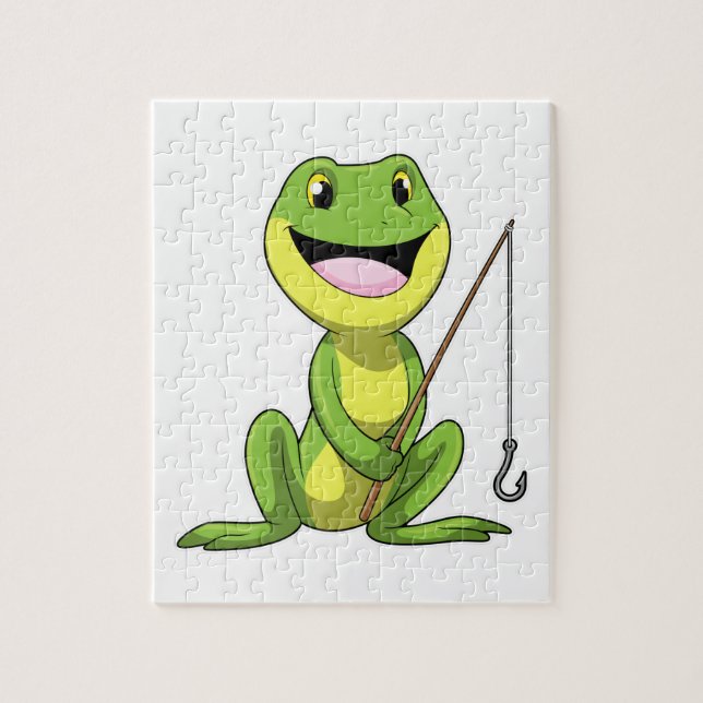 Frosch beim Angeln mit Angelrute (Vertikal)
