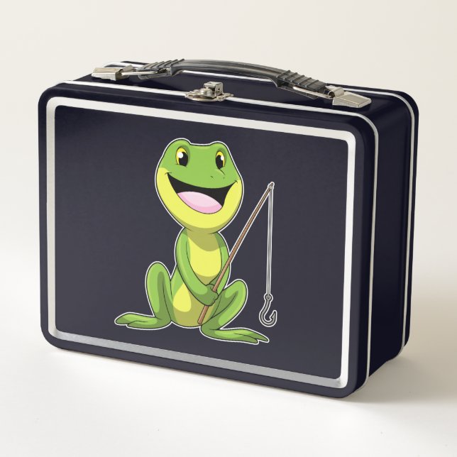 Frosch beim Angeln mit Angelrute Metall Brotdose (Vorderseite)