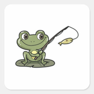 Frosch beim Angeln mit Angelrute Quadratischer Aufkleber