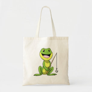 Frosch beim Angeln mit Angelrute Tragetasche