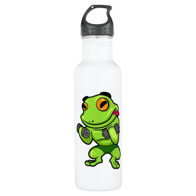 Frosch beim Biceps-Training mit Dumbells Edelstahlflasche (Vorderseite)