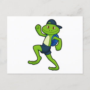 Frosch beim Laufen mit Rucksack und Hut Postkarte