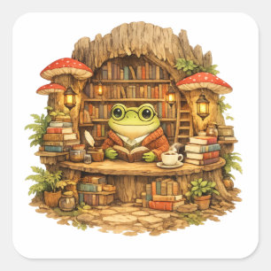 Frosch-Buchladen-Shirt   Cottagecore-Frosch beim L Quadratischer Aufkleber