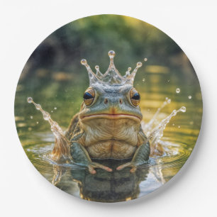 Frosch, der eine Wasserschlackenkrone trägt Pappteller