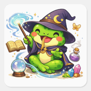 Frosch-Fantasy-Illustration mit Zauberer Quadratischer Aufkleber